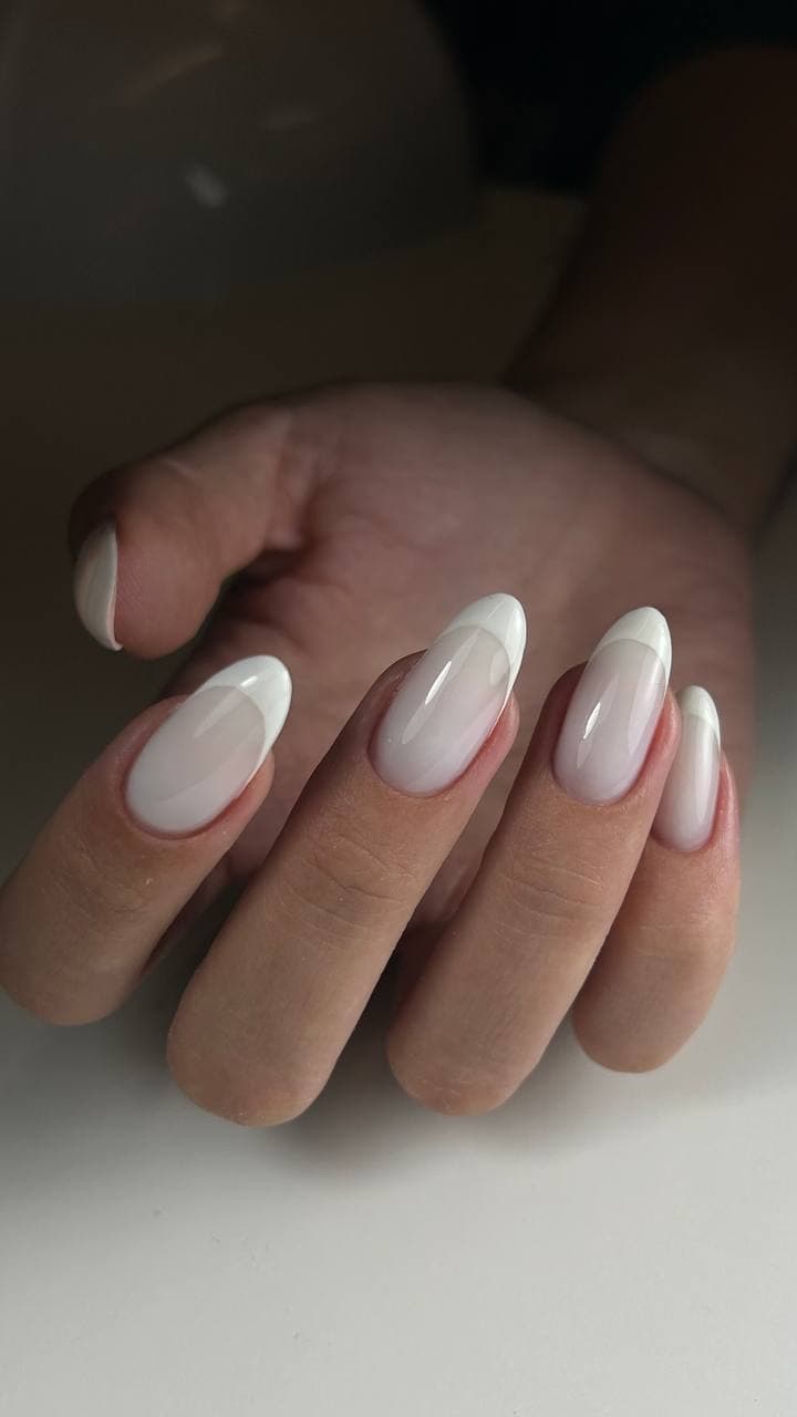 Milky french manicure on almond nails — Ira Aesthetics Kraków
